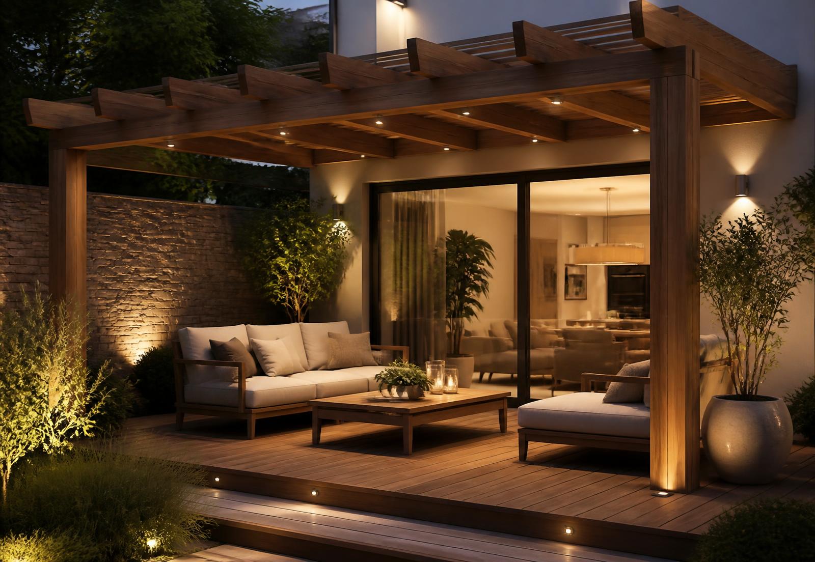 Illuminated wooden pergola over a deck with sofas at dusk